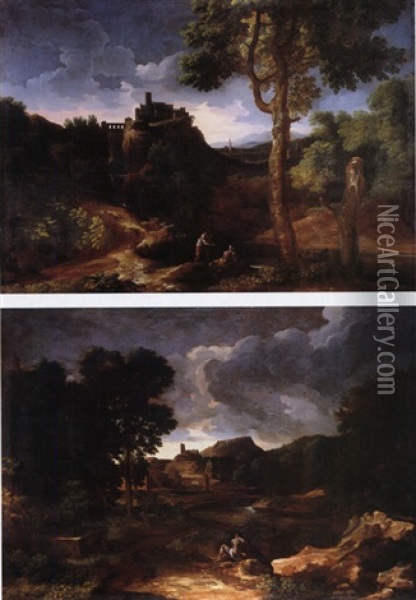 Landschaft Mit Burg Und Figurestaffage (+ Tiefe Landscahft Mit Fluss Und Figuren Im Vordergrund; Pair) Oil Painting - Gaspard Dughet