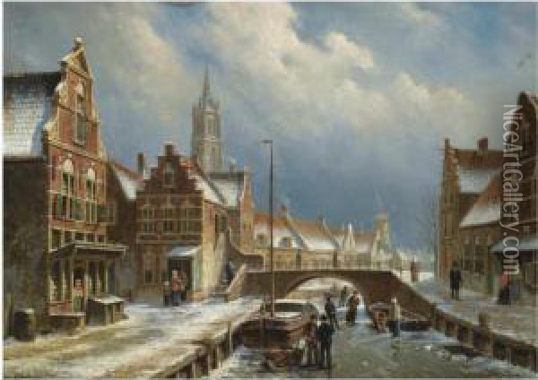 Figures On A Frozen Canal In A Dutch Town Oil Painting - Oene Romkes De Jongh