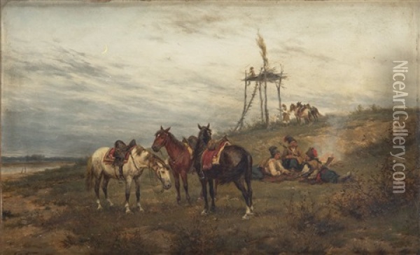 Kozacy Na Czatach Oil Painting - Ludwig Gedlek