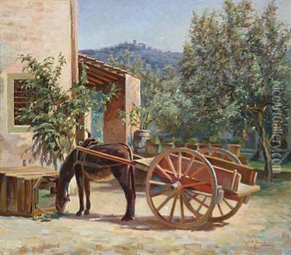 Donkey Chariot In Front Of A House In Settignano, Italy Oil Painting - Sigurd Soelver Schou