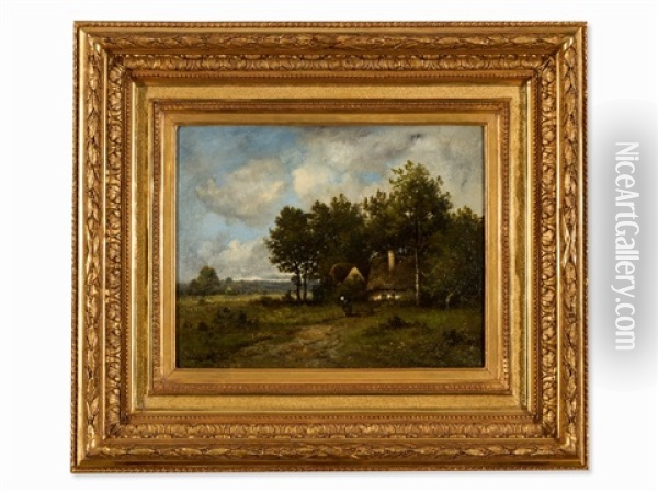 Woman In Front Of A Farm House Oil Painting - Leon Richet