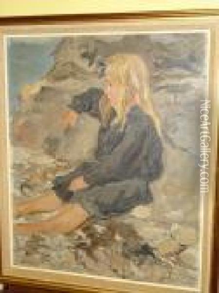 'bretagne Puerile', Study Of A 
Girl Seated On Rocks, Signed, Inscribed On Label On Reverse Oil Painting - Tancrede Synave