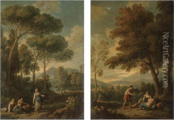 A Pair Of Views Of The Roman Campagna With Figures Conversing Oil Painting - Jan Frans Van Bloemen (Orizzonte)