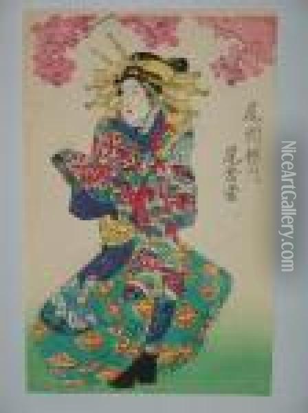 Une Jeune Femme En Kimono De Fete Oil Painting - Utagawa Yoshiiku