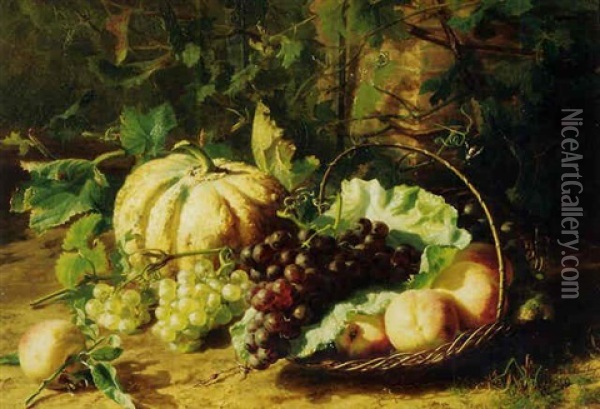 Peaches, Grapes, And A Pumpkin In A Sunny Corner Of A Vegetable Garden Oil Painting - Gerardina Jacoba van de Sande Bakhuyzen