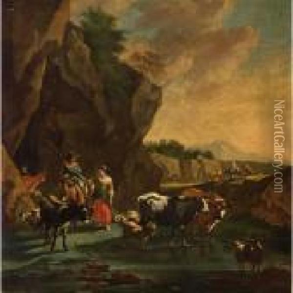 A Shepherd And Shepherdess With Their Herd In An Italianate Landscape Oil Painting - Nicolaes Berchem