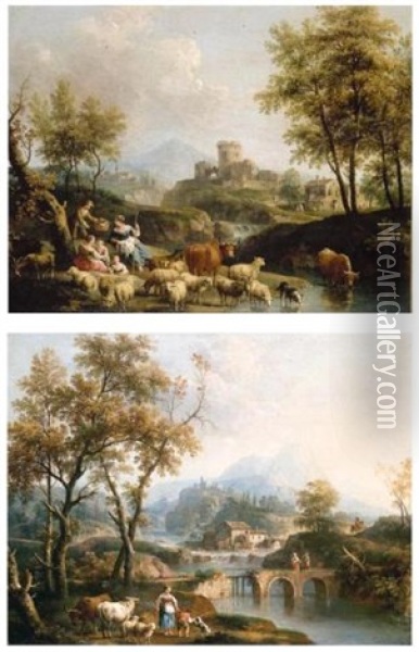 A Pastoral Landscape With Shepherdess Resting With Sheep And Cattle At A Watering-hole, A Capriccio View Of A Town Beyond (+ A River Landscape With A Shepherdess And A Boy Playing With A Dog; Pair) Oil Painting - Giovanni Battista Cimaroli