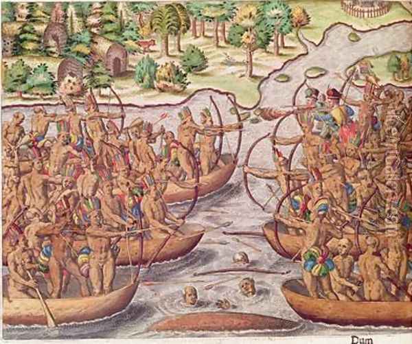 Battle Between Indian Tribes Oil Painting - Jacques le Moyne de Morgues
