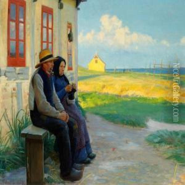 Two Elderly People In Front Of Their House On A Summer Evening Oil Painting - Michael Ancher
