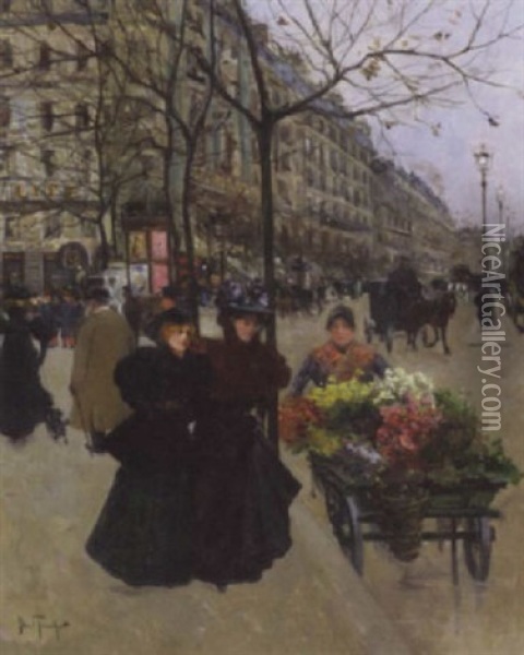 Parisian Street Scene With Elegant Woman And Flower Seller Oil Painting - Louis Abel-Truchet
