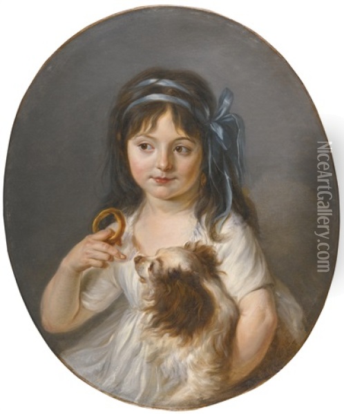 Portrait Of A Girl Offering A Biscuit To Her Spaniel Oil Painting - Louis Rolland Trinquesse