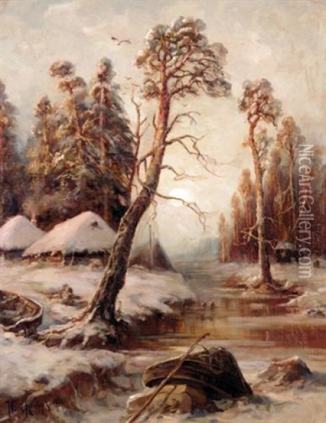 Winter Landscape (collab. W/studio) Oil Painting - Yuliy Yulevich (Julius) Klever