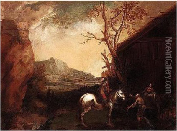 Mountainous Landscape With A Rider And Figures Conversing Before A Barn Oil Painting - Francesco Montelaticci, Cecco Bravo