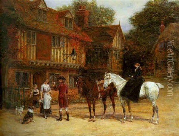Outside The George And Dragon Oil Painting - Heywood Hardy