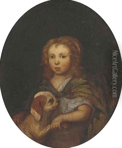 Portrait of a young girl, half-length, in a green wrap, a dog by her side Oil Painting - English School