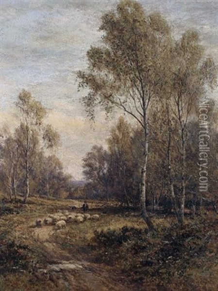A Shepherd And His Flock In A Wooded Landscape Oil Painting - Alfred Augustus Glendening Sr.