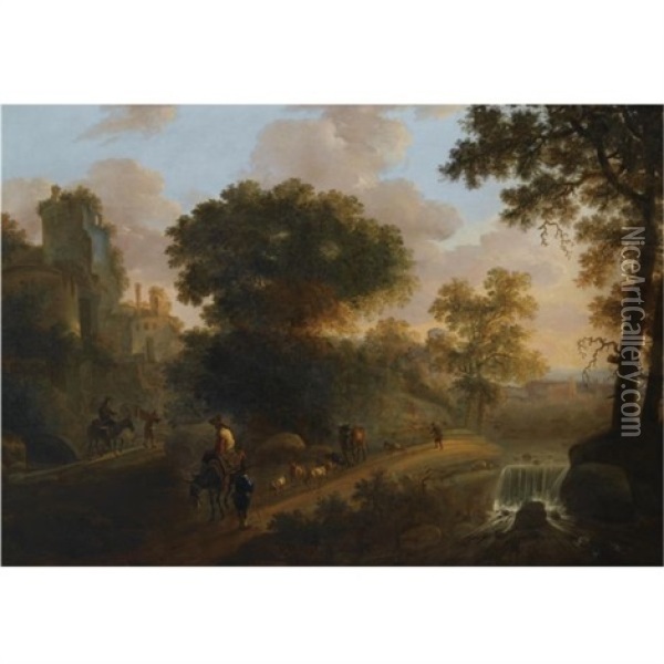 An Italianate Wooded Landscape With Shepherds Herding Their Flock And Cattle On A Path Near A Ruined Tower, A View Of A Village Beyond Oil Painting - Abraham van Duijnen