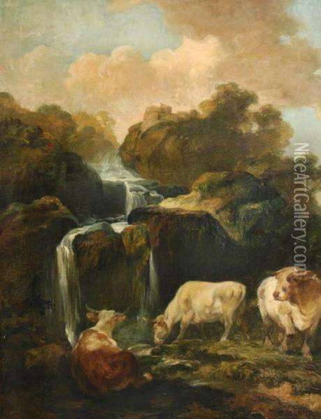 Cattle By A Waterfall Oil Painting - Helmer Osslund