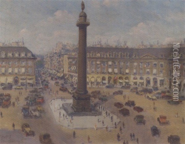 View Of The Place Vendome, Paris Oil Painting - Henri Malfroy-Savigny