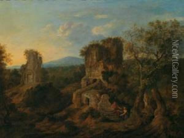 Viandanti In Sosta In Un Paesaggio Con Rovine Oil Painting - Jan Gerritsz van Bronchorst