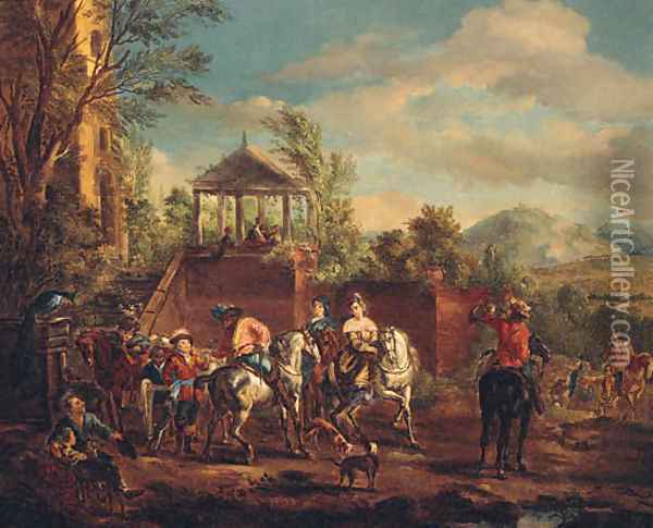 A hunting Party by a Terrace Oil Painting - Pieter Wouwermans or Wouwerman