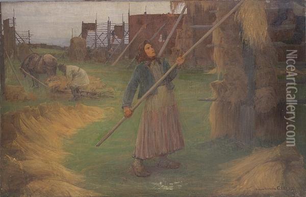 Stacking Hay Oil Painting - Mikhail Ivanovich Ignat'Ev