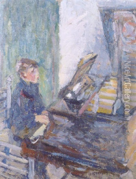 Piet: The Son Of The Artist Playing The Piano Oil Painting - Joseph Raphael