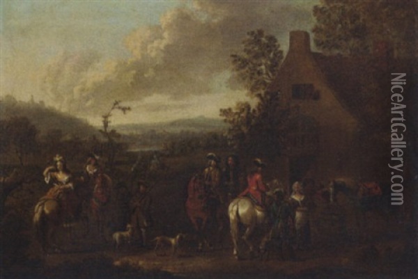 A Landscape With An Elegant Hunting Party Before An Inn Oil Painting - Dirk Maes