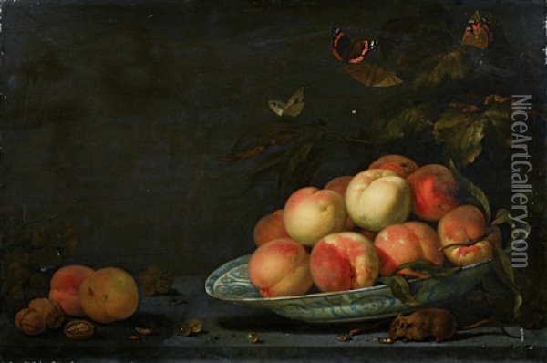 A Still Life Of Fruit With A Mouse And Butterflies Oil Painting - Abraham Van Calraet
