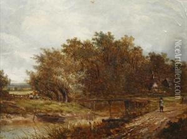 River Landscape, With Figure Approaching A Wooden Bridge Oil Painting - Joseph Thors