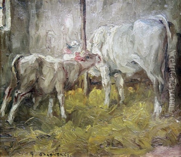 Stalla Con Mucca E Vitellino Oil Painting - Giovanni Depetris