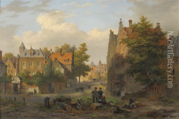View Of A Town With Figures In Conversation Oil Painting - Bartholomeus Johannes Van Hove