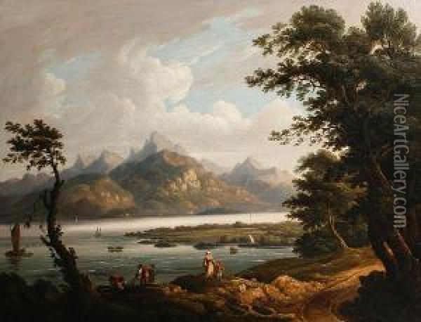 Figures On The Shores Of A Mountain Lake Oil Painting - Samuel Mountjoy Smith