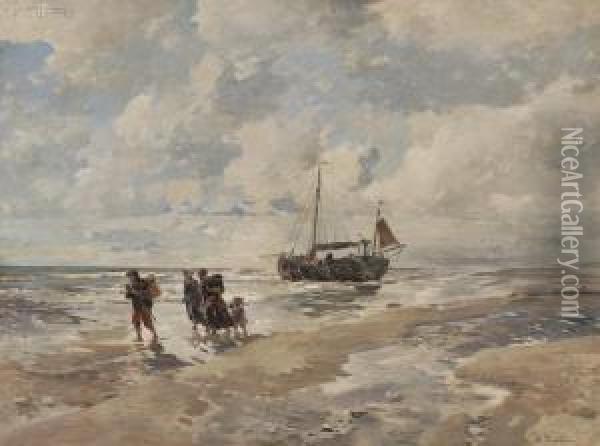 Shore View With Fisherfolk, Ketch, And Horse Cart Oil Painting - Gregor Von Bochmann