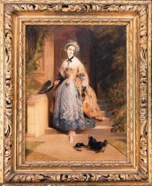 Portrait Of Louisa Jane, 
Marchioness Of Abercorn, Smallfull-length, In In An Elaborately 
Embroidered Yellow And Bluedress, At The Entrance To A House, With A 
Spaniel Oil Painting - Daniel Maclise