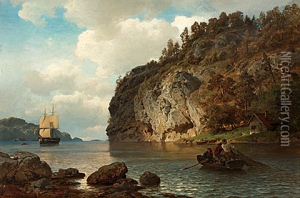 Fjordlandskap Med Fartyg Och Fiskare Oil Painting - Hans Frederick Gude