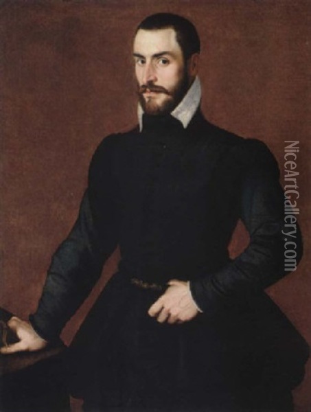 Portrait Of A Gentleman Wearing Black, Holding A Glove In His Right Hand And Resting On A Table Oil Painting - Bartolomeo Passarotti