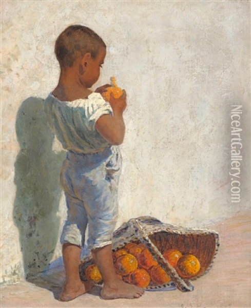 African Child Peeling An Orange By A Sun Drenched Wall Oil Painting - George Sherwood Hunter