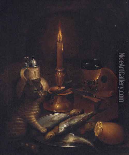 A cat pawing fish on a pewter plate by a stoneware ewer, a knife, a roemer and a candle Oil Painting - Godfried Wedig
