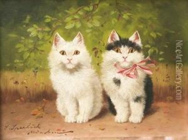 Zwei Aufmerksam Blickende Katzchen Im Freien Oil Painting - Sophie Sperlich