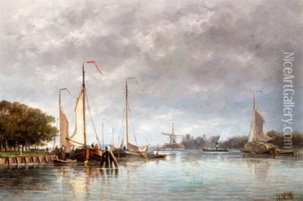 Hooischuiten, Platbodem En Stoomboot Bij Molen De Adriaan Op Het Spaarne Te Haarlem Oil Painting - Hendrik Hulk