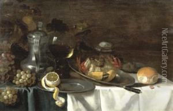 A Crab On A Pewter Plate, A Peeled Lemon On Another Pewter Plate Oil Painting - Pieter Claesz.