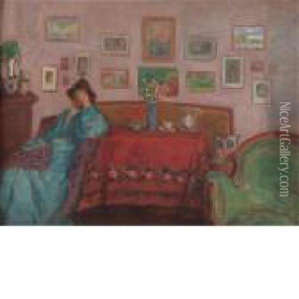 Woman In Blue At A Table With Red Tablecloth Oil Painting - Jozsef Rippl-Ronai