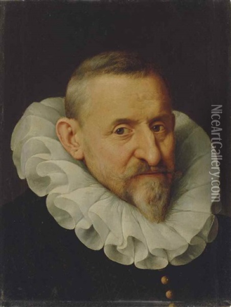 Portrait Of A Gentleman, Bust-length, In A Black Doublet With Gold Buttons And A White Ruff Oil Painting - Willem Key