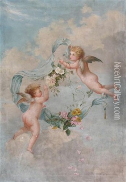 Putti With Flowers And Ribbon Oil Painting - Charles Augustus Henry Lutyens