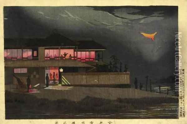 View of Ariakebashi in Imado (Imado Ariakebashi no kei) Oil Painting - Kobayashi Kiyochika