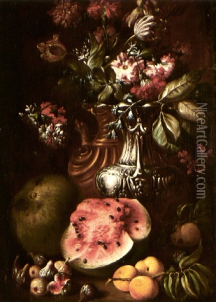 Still Life With A Bunch Of Flowers In Elaborate Silver And  Gold Urns, Melons, Figs And Peaches Oil Painting - Tommaso Realfonso