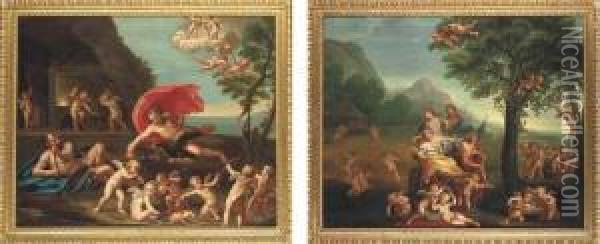 An Allegory Of Fire: Jupiter At 
The Forge Of Vulcan; And Anallegory Of Earth: Flora, Ceres, Berecinta 
And Bacchus Oil Painting - Francesco Albani