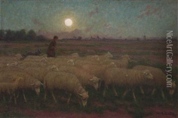 Moutons Au Clair De Lune Oil Painting - Jan-Baptist Lesaffre