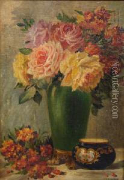 Still Life Of Roses And Wall Flowers In A Green Vase On A Table With A Porcelain Bowl Oil Painting - Charles H. Spooner